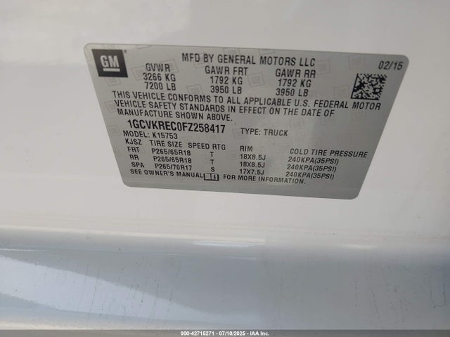 1GCVKREC0FZ258417 Chevrolet l83 - vvt, active fuel management, aluminum