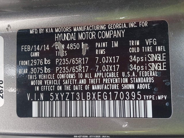 5XYZT3LBXEG170395 Hyundai gdi theta