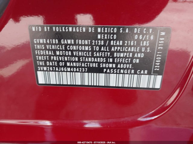 3VW267AJ6GM404237 Volkswagen 2016
