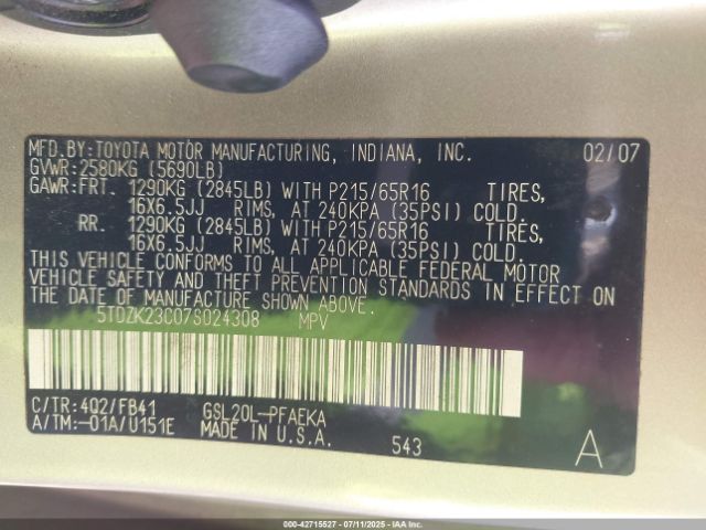 2007 TOYOTA SIENNA 5TDZK23C07S024308 Photo 8