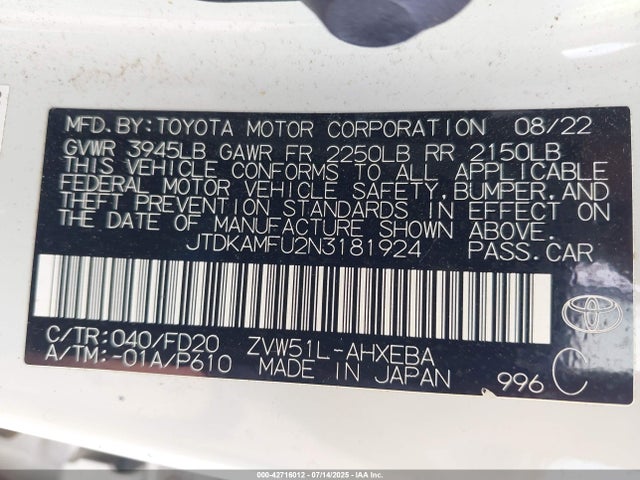 JTDKAMFU2N3181924 Toyota 2zr-fxe,1nm