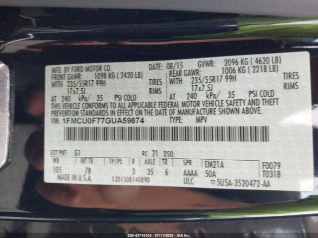2016 FORD ESCAPE 1FMCU0F77GUA59874 Photo 8