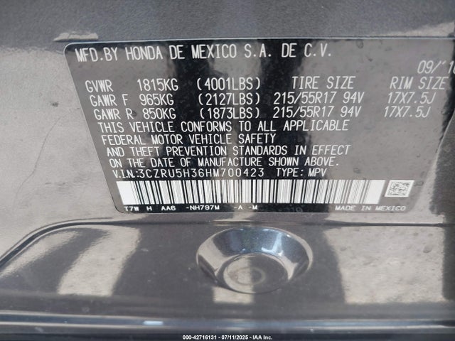 3CZRU5H36HM700423 Honda r18z9