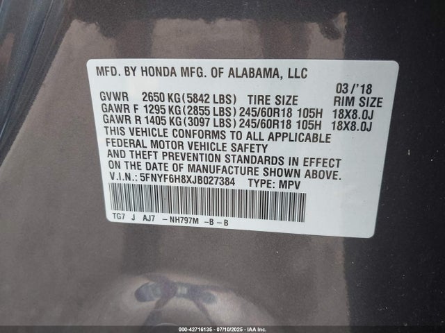 5FNYF6H8XJB027384 Honda j35y6