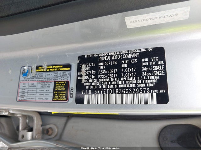 5XYZTDLB3GG329573 Hyundai gdi theta ii
