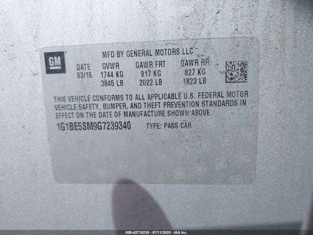1G1BE5SM9G7239340 Chevrolet le2 - di: direct injection, alum, vvt, gen i, gmna