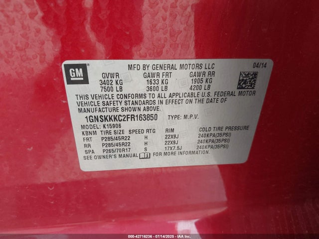 1GNSKKKC2FR163850 Chevrolet l83 - vvt, active fuel management, aluminum