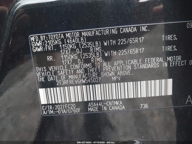 2T3RFREV6HW545027 Toyota 2ar-fe