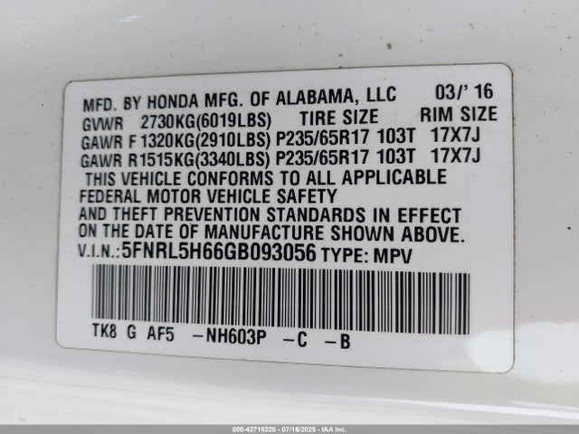 5FNRL5H66GB093056 Honda j35z8