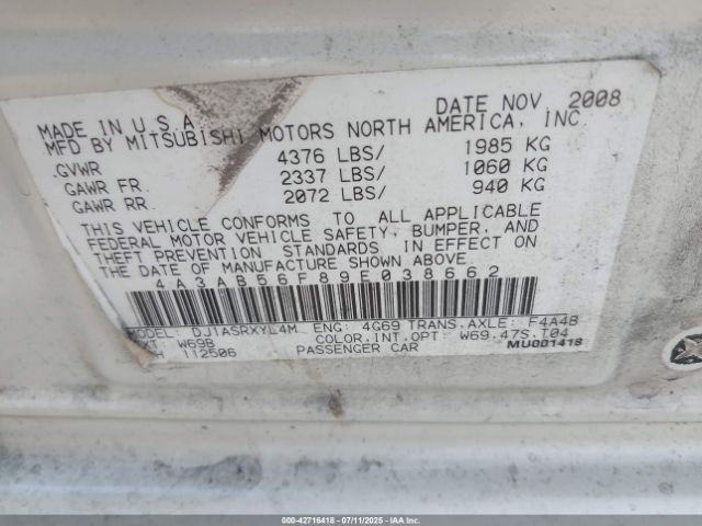2009 MITSUBISHI GALANT 4A3AB56F89E038662 Photo 8