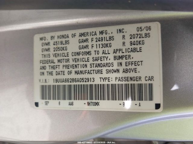 2006 ACURA TL 19UUA66286A052913 Photo 8
