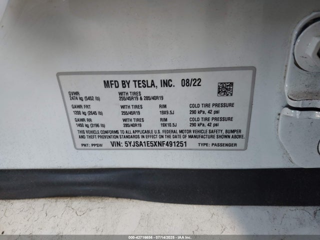 2022 TESLA MODEL S 5YJSA1E5XNF491251 Photo 8