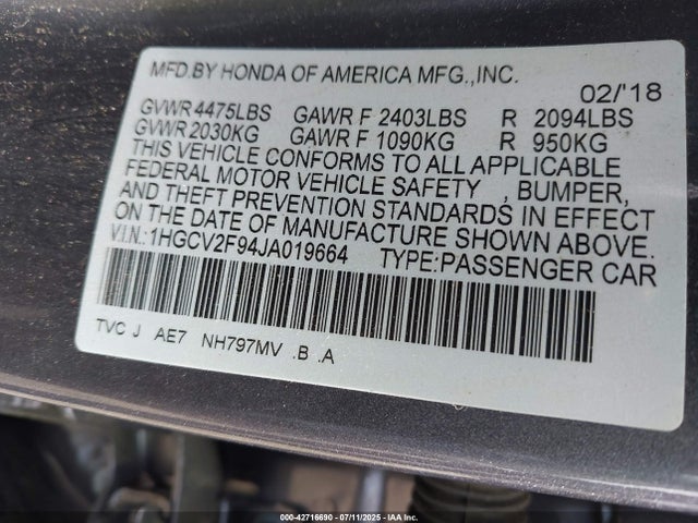 1HGCV2F94JA019664 Honda k20c4
