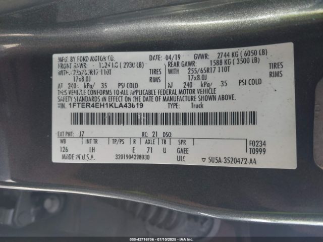 2019 FORD RANGER 1FTER4EH1KLA43619 Photo 8