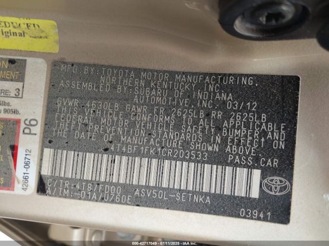 2012 TOYOTA CAMRY 4T4BF1FK1CR203533 Photo 8