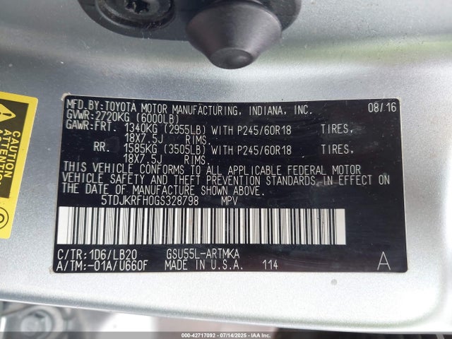 Toyota 2gr-fe 2016 5TDJKRFH0GS328798 Image 9