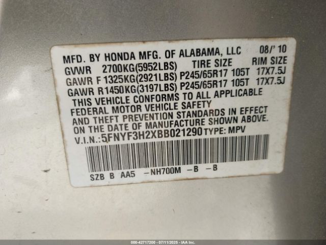 2011 HONDA PILOT 5FNYF3H2XBB021290 Photo 8