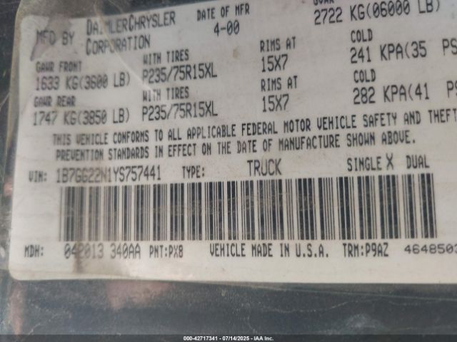 2000 DODGE DAKOTA 1B7GG22N1YS757441 Photo 8