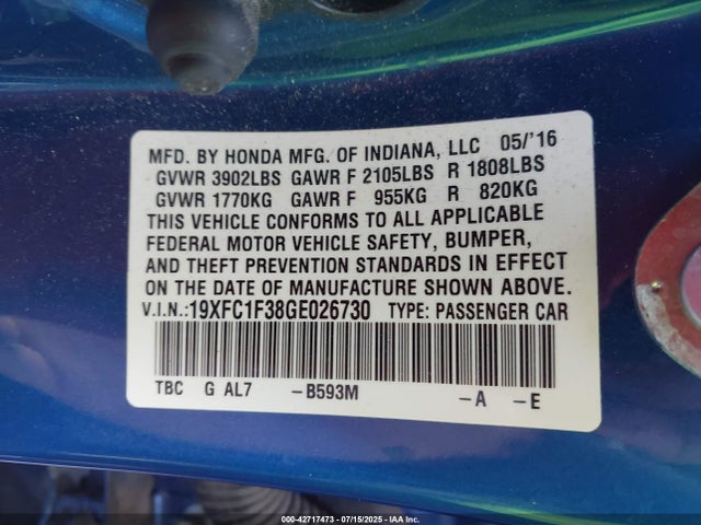 19XFC1F38GE026730 Honda l15b7