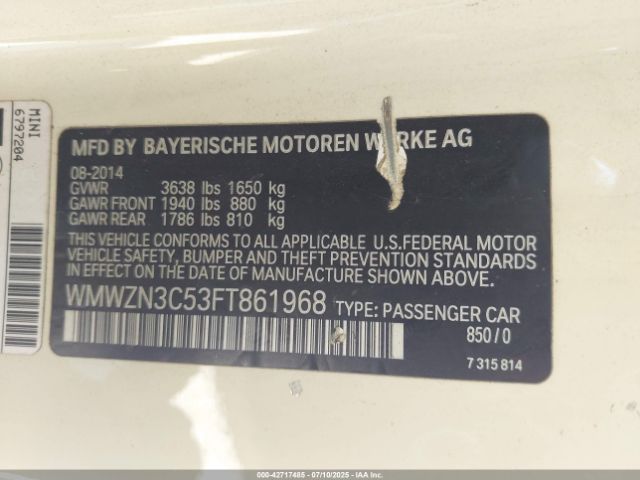 2015 MINI CONVERTIBLE WMWZN3C53FT861968 Photo 8