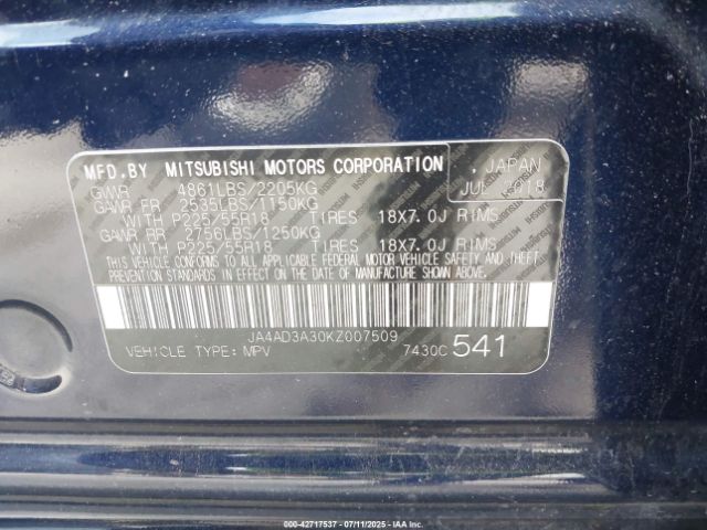 2019 MITSUBISHI OUTLANDER JA4AD3A30KZ007509 Photo 8