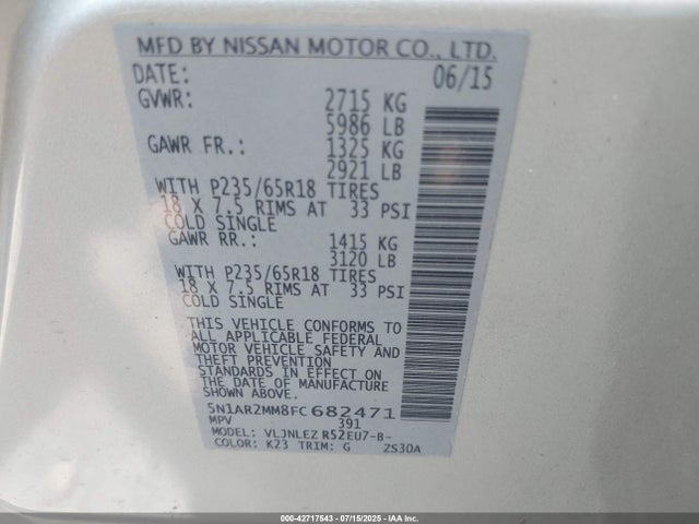 Nissan Pathfinder 2015 5N1AR2MM8FC682471 Image 9