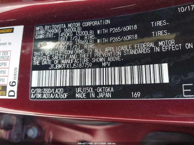 Lexus 1ur-fe 2018 JTJBM7FX1J5187759 Image 9