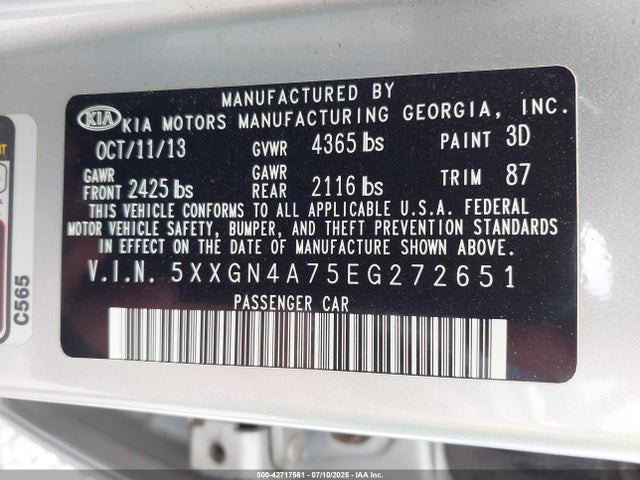 Aukcja sprzedaży 2014 Kia Optima Ex, vin: 5XXGN4A75EG272651, numer aukcji: 42717561