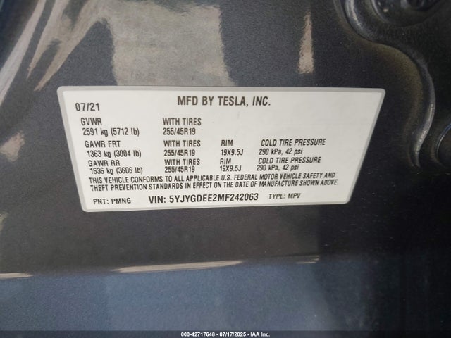 2021 TESLA MODEL Y 5YJYGDEE2MF242063 Photo 8