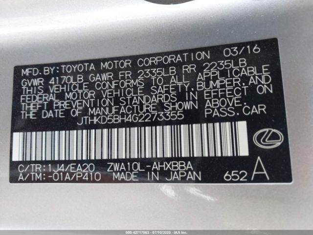2016 LEXUS CT 200H JTHKD5BH4G2273355 Photo 8