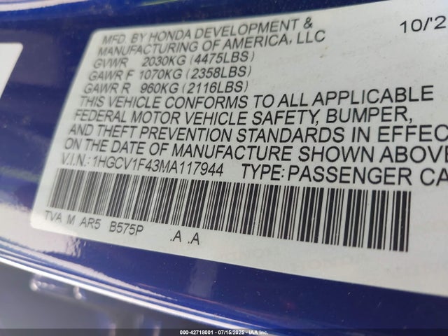 Honda l15be 2021 1HGCV1F43MA117944 Image 9