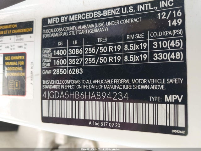 Mercedes-Benz m276 2017 4JGDA5HB6HA894234 Image 9