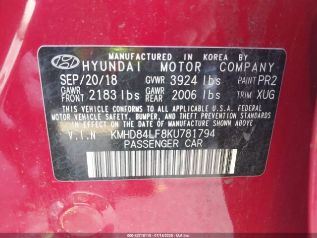 2019 HYUNDAI ELANTRA KMHD84LF8KU781794 Photo 8