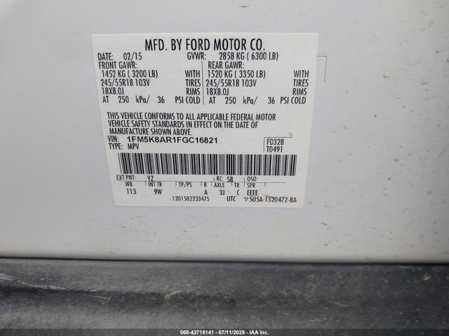 1FM5K8AR1FGC16821 Ford 2015