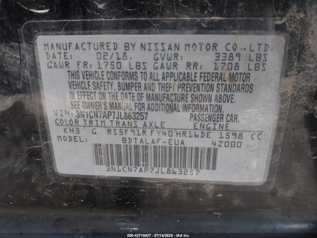 3N1CN7AP7JL863257 Nissan Versa