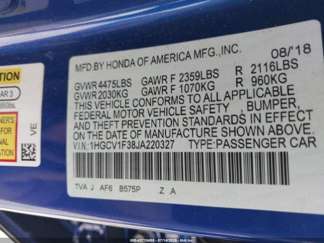 2018 HONDA ACCORD 1HGCV1F38JA220327 Photo 8