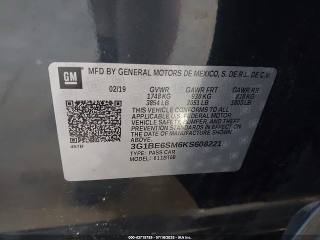 3G1BE6SM6KS608221 Chevrolet le2 -di: direct injection, vvt: variable valve timing, gen, alum