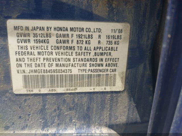 2009 HONDA FIT JHMGE88459S034375 Photo 8