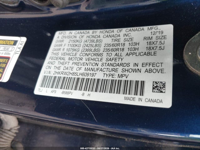 Aukcja sprzedaży 2020 Honda Cr-v Awd Ex-l, vin: 2HKRW2H85LH609197, numer aukcji: 42719233