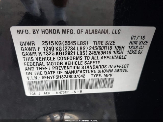 Honda j35y6 2018 5FNYF5H82JB007642 Image 9