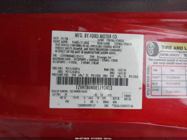 2008 FORD MUSTANG 1ZVHT80N085193413 Photo 8