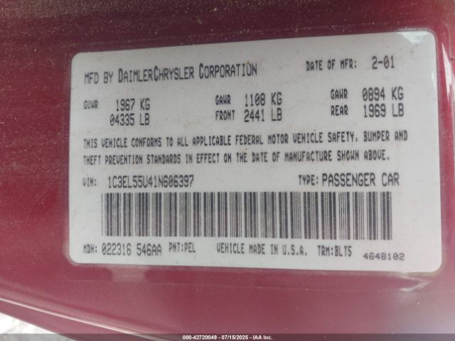 2001 CHRYSLER SEBRING 1C3EL55U41N606397 Photo 8