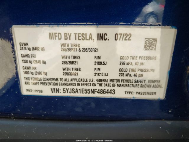 2022 TESLA MODEL S 5YJSA1E55NF486443 Photo 8
