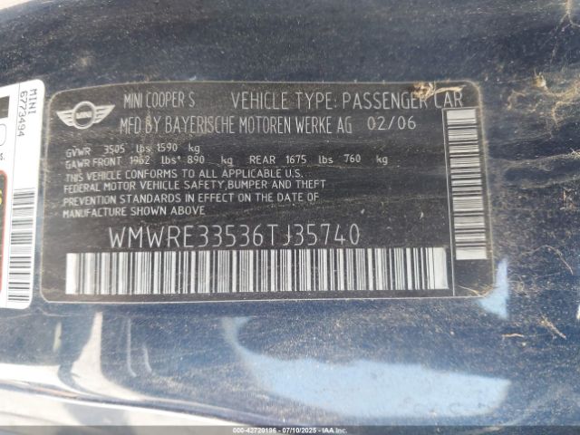 2006 MINI COOPER S WMWRE33536TJ35740 Photo 8