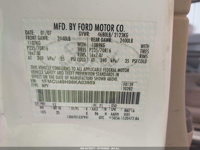 Продаж на аукціоні авто 2008 Ford Escape Hybrid, vin: 1FMCU49H98KA03959, номер лоту: 42720271