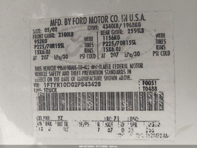 2002 FORD RANGER 1FTYR10D02PB43428 Photo 8