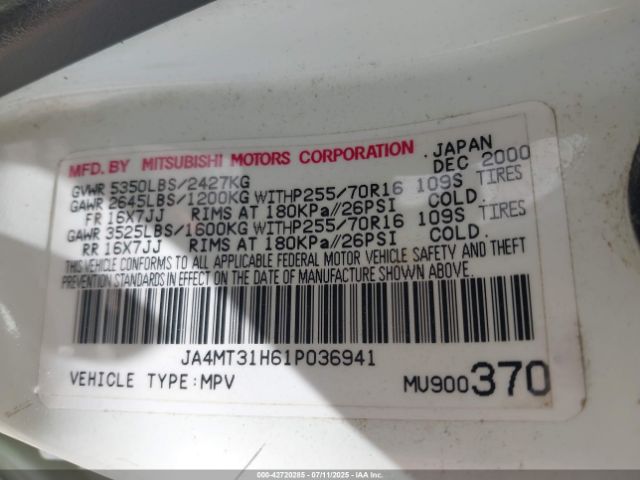 2001 MITSUBISHI MONTERO SPORT JA4MT31H61P036941 Photo 8