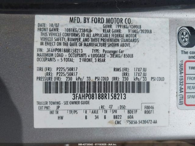 2008 FORD FUSION 3FAHP08188R158213 Photo 8