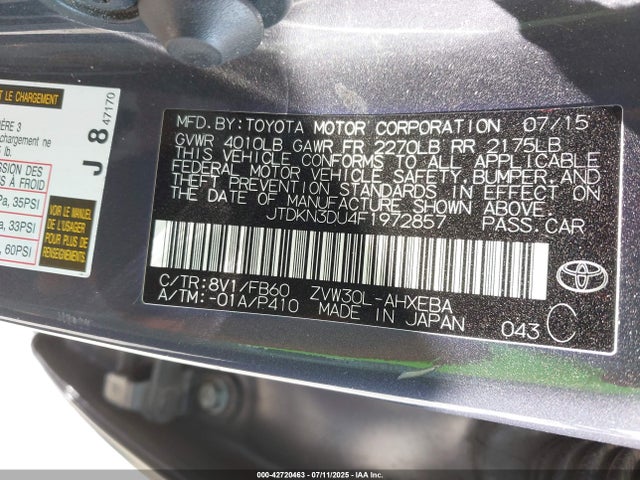 Toyota 2zr-fxe+3jm 2015 JTDKN3DU4F1972857 Image 9