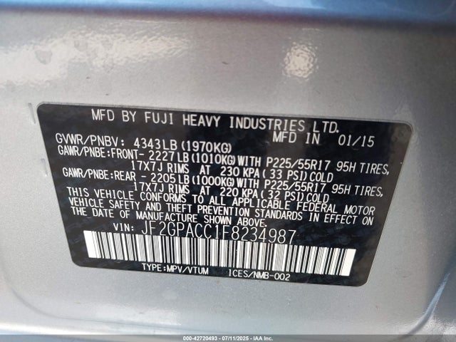 JF2GPACC1F8234987 Subaru 2.0l naturally aapirated